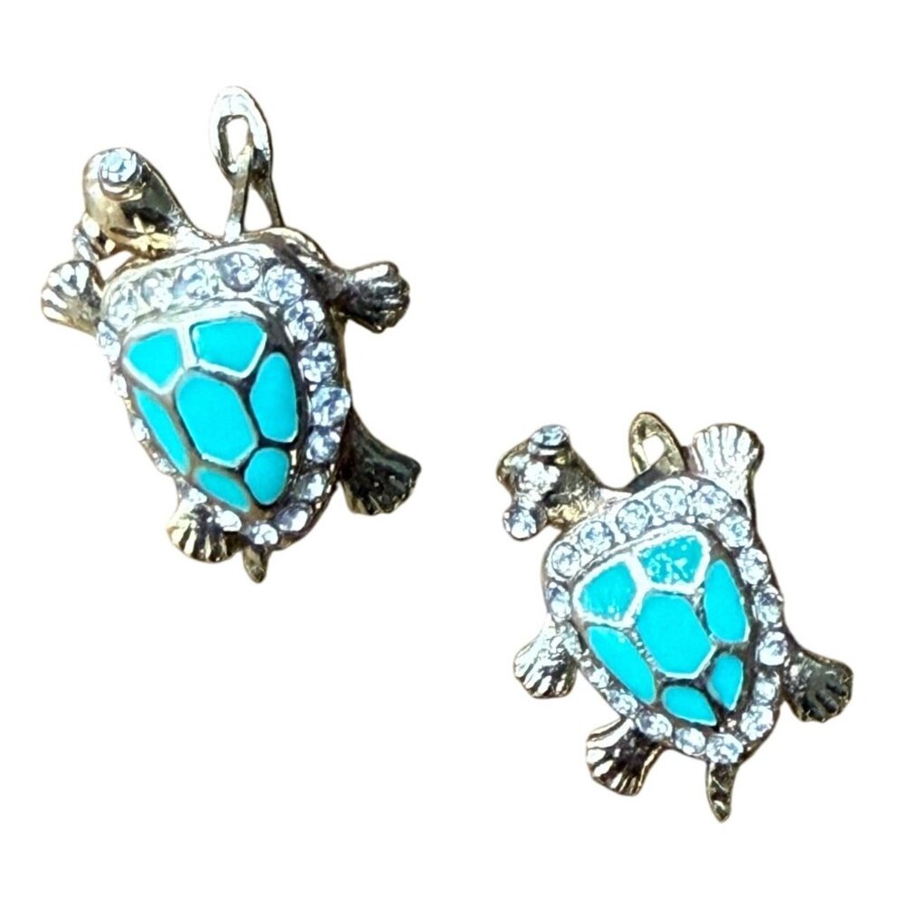 Blue Enamel Pave Rhinestone Turtle Clip-On Stud Earrings Gold Tone Nature